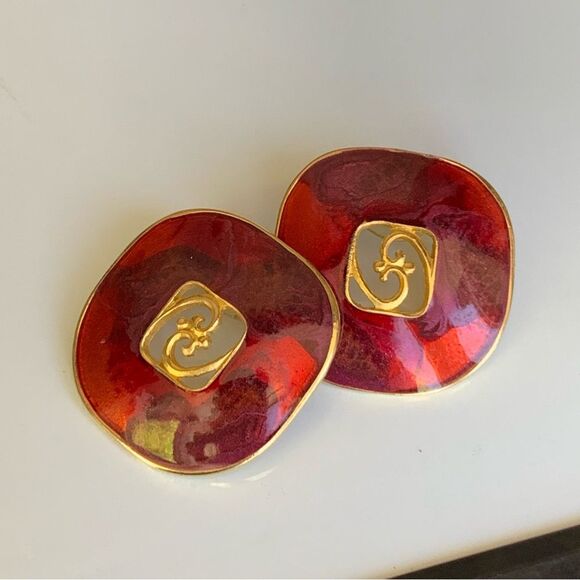 Vintage 80s Edgar BEREBI Signed Red and Gold Enameled Gold Tone Pierced Earrings - Picture 7 of 7